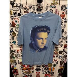 90's Elvis Presley Shirt Big Face Logo Graphic Blue Size L